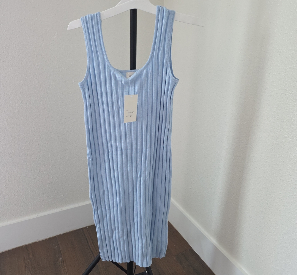 a new day Powder Blue Ribbed V-Neck Tank Midi Dress